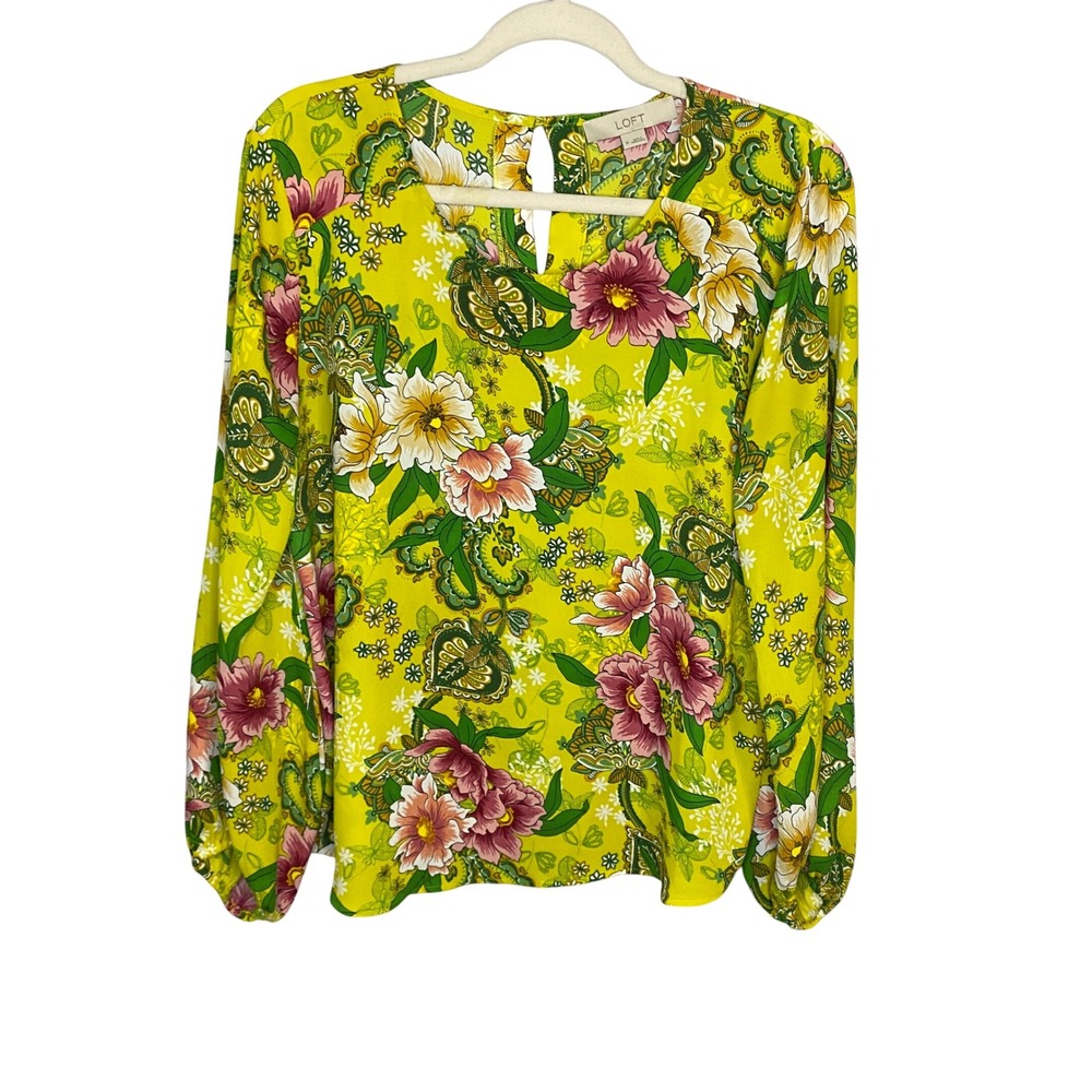 LOFT‎ Womens Yellow Floral Paisley Long Sleeve Keyhole Back Blouse Medium